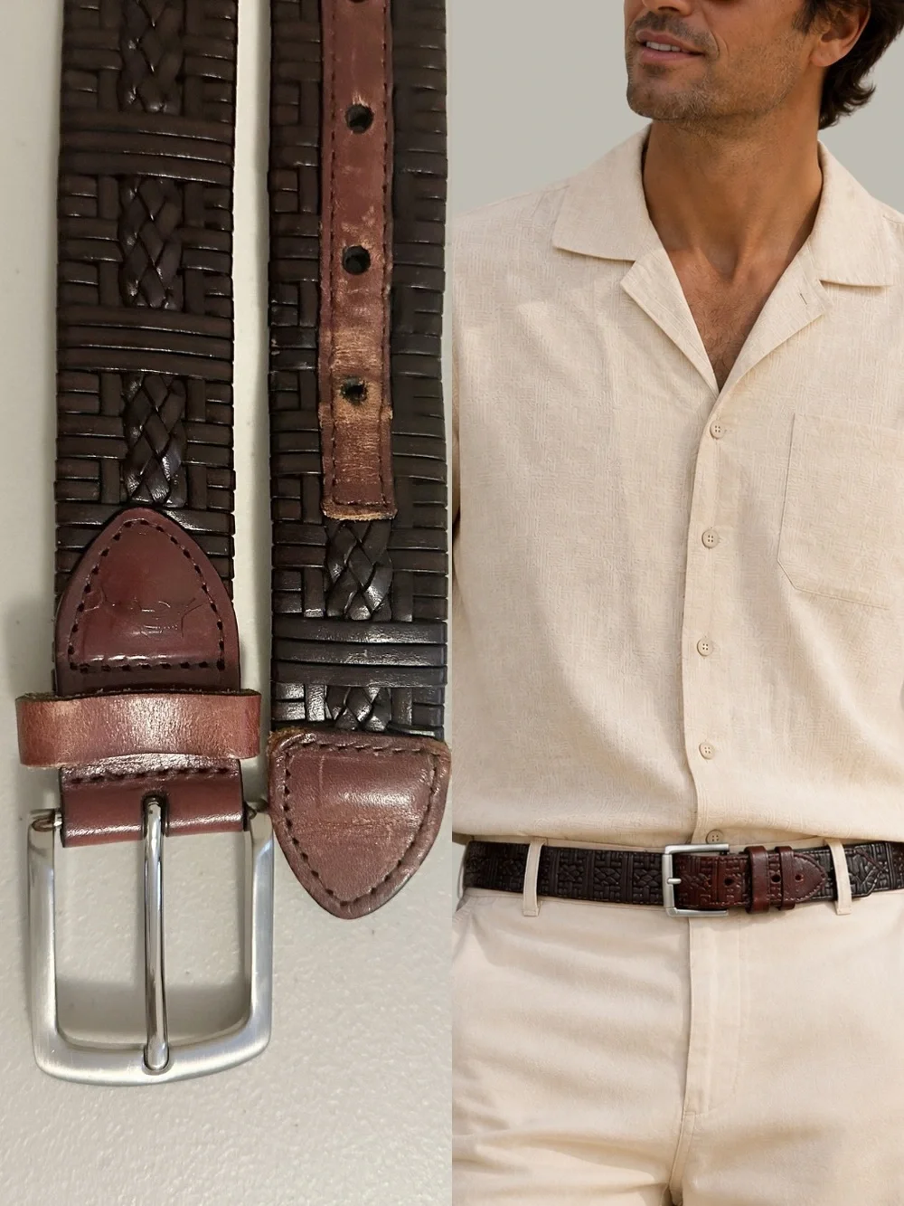 Tommy Bahama Men’s Brown Tooled Leather Belt Woven Western Casual Size 42/105